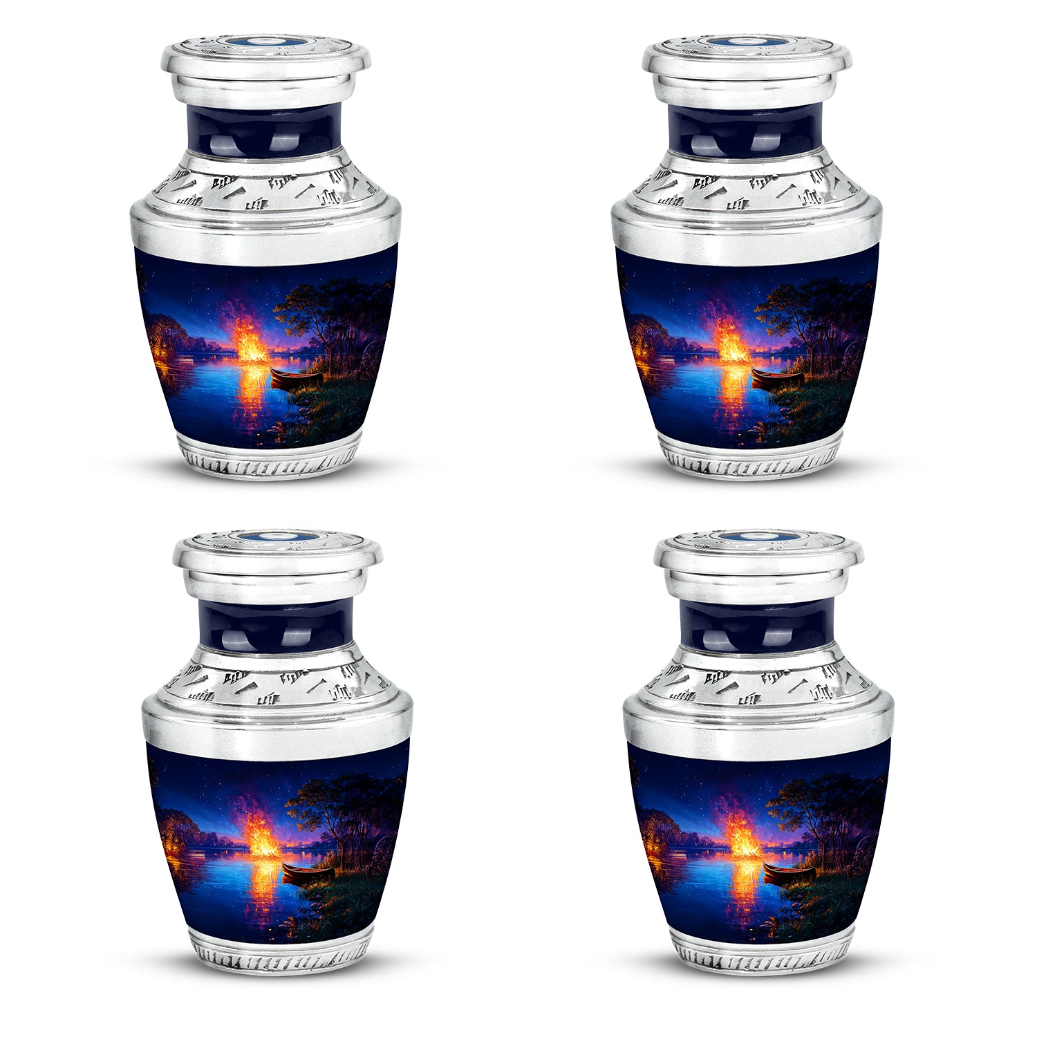 Indigo Campfire Cremation Urn back view with polished surface - contemporary campfire design with modern artistic flair - 10 inch aluminum urn for cremated remains