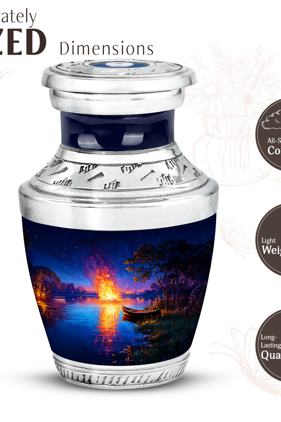 Soft Blue Campfire Cremation Urn top-down view of secure threaded lid - stylized abstract campfire pattern with bold lines - mini keepsake memorial for portion of cremation ashes