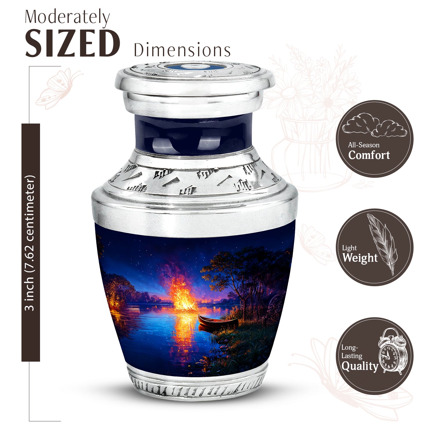 Soft Blue Campfire Cremation Urn top-down view of secure threaded lid - stylized abstract campfire pattern with bold lines - mini keepsake memorial for portion of cremation ashes