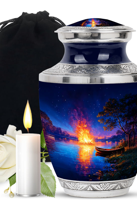 Cobalt Blue Campfire Cremation Urn side profile showing urn shape - stylized abstract campfire pattern with bold lines - full-size 10 inch 200 cubic inch adult cremation urn