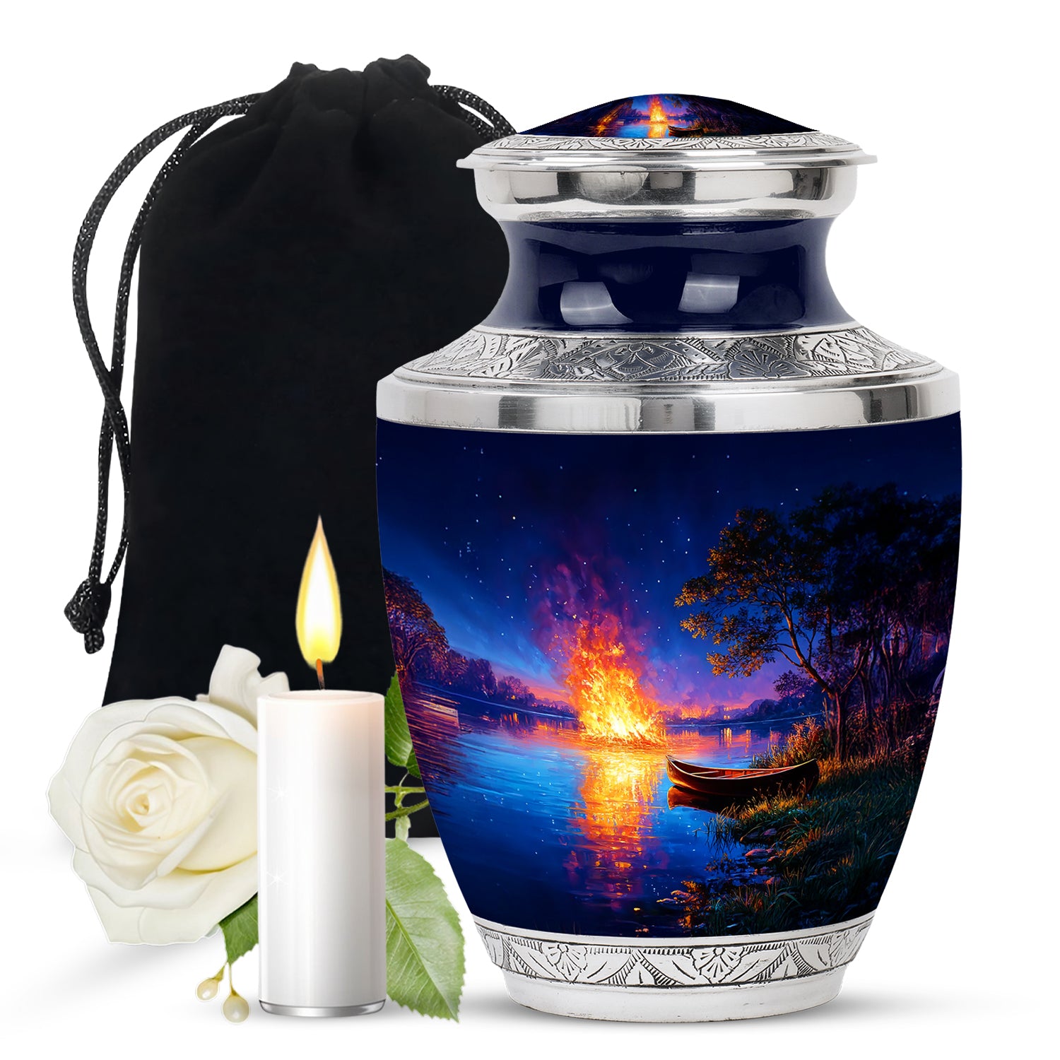 Cobalt Blue Campfire Cremation Urn side profile showing urn shape - stylized abstract campfire pattern with bold lines - full-size 10 inch 200 cubic inch adult cremation urn