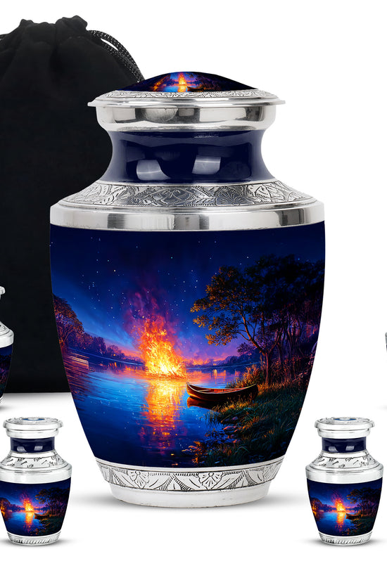 Indigo Campfire Cremation Urn lifestyle display on memorial shelf - contemporary campfire design with modern artistic flair - memorial set with one large and four small urns