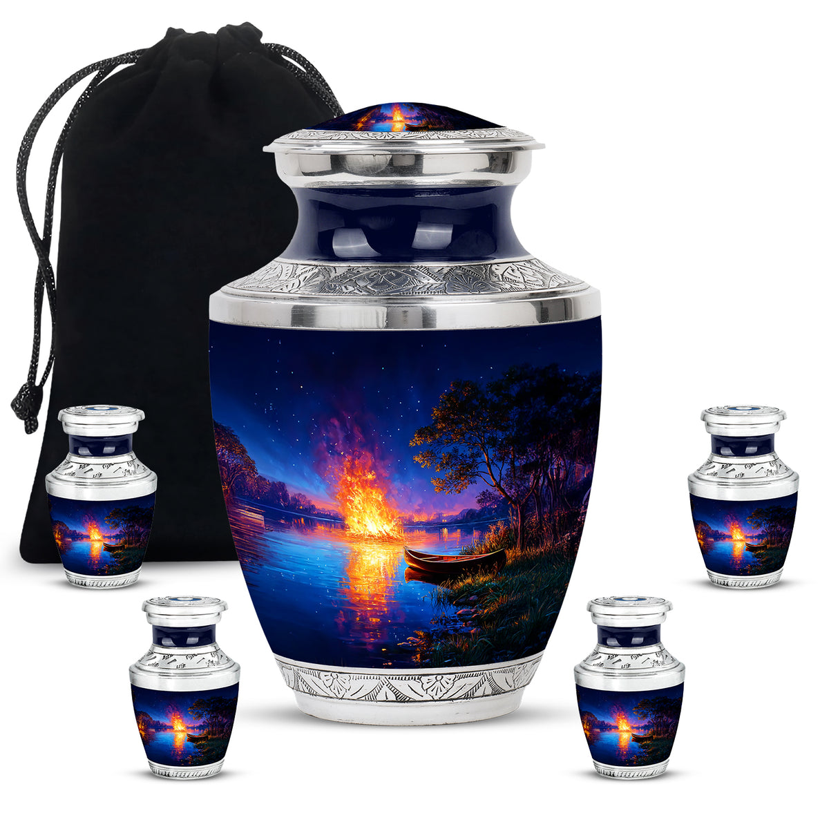 Indigo Campfire Cremation Urn lifestyle display on memorial shelf - contemporary campfire design with modern artistic flair - memorial set with one large and four small urns
