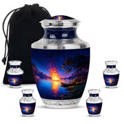 Indigo Campfire Cremation Urn lifestyle display on memorial shelf - contemporary campfire design with modern artistic flair - memorial set with one large and four small urns