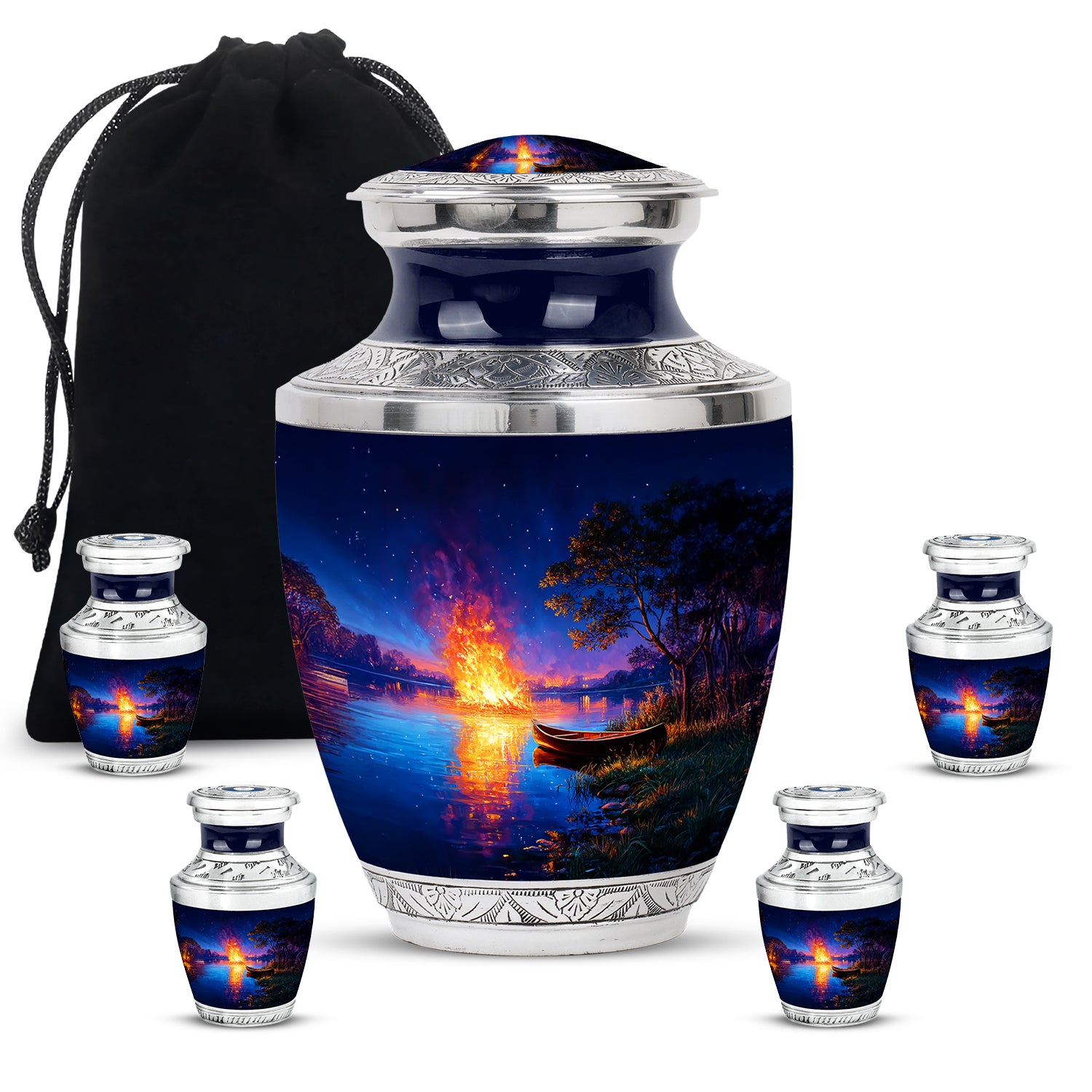 Indigo Campfire Cremation Urn lifestyle display on memorial shelf - contemporary campfire design with modern artistic flair - memorial set with one large and four small urns