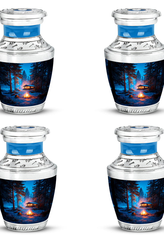 Cornflower Blue Campfire Cremation Urn back view with polished surface - stylized abstract campfire pattern with bold lines - 10 inch aluminum urn for cremated remains