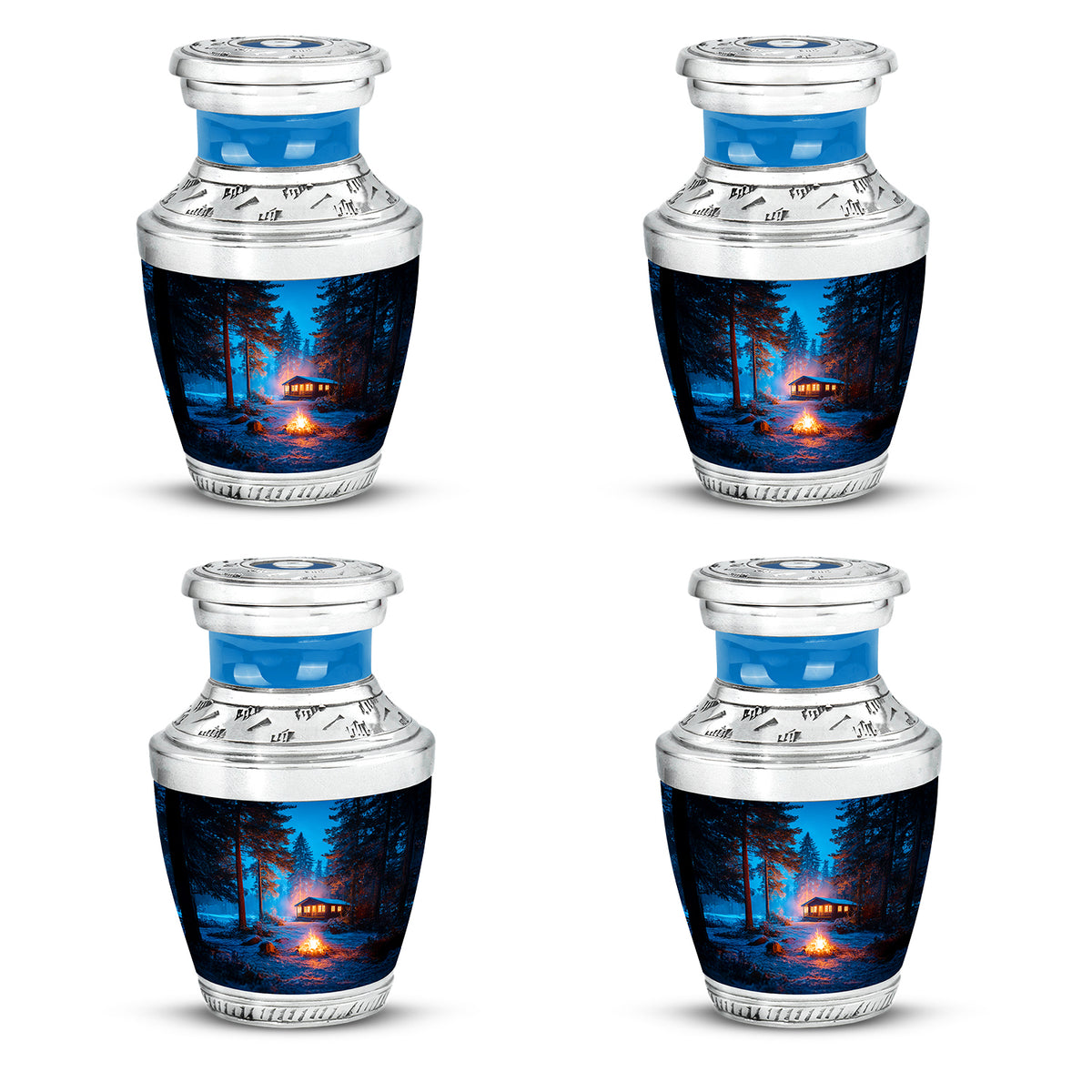 Cornflower Blue Campfire Cremation Urn back view with polished surface - stylized abstract campfire pattern with bold lines - 10 inch aluminum urn for cremated remains
