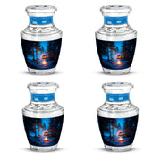 Cornflower Blue Campfire Cremation Urn back view with polished surface - stylized abstract campfire pattern with bold lines - 10 inch aluminum urn for cremated remains