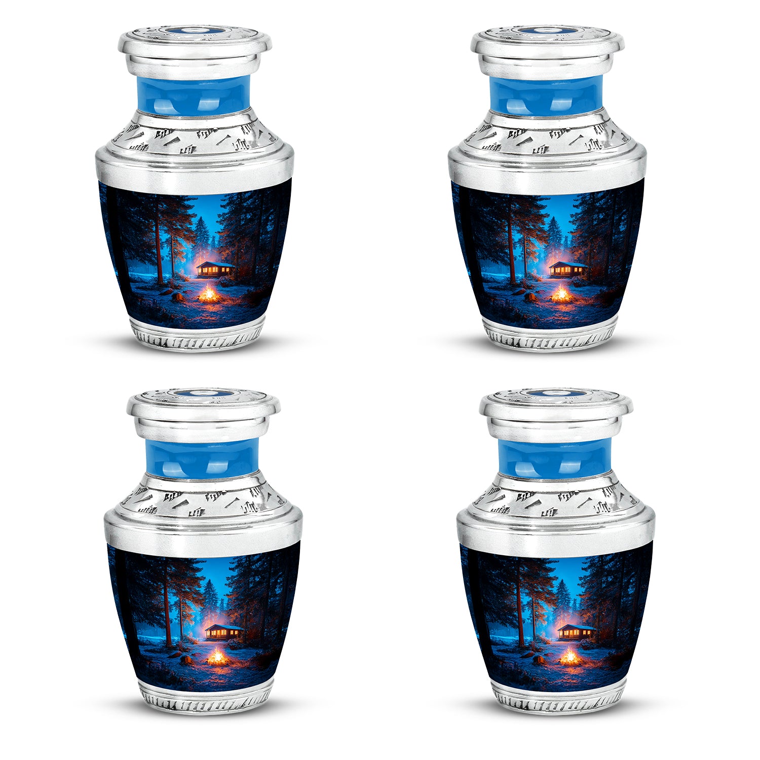 Cornflower Blue Campfire Cremation Urn back view with polished surface - stylized abstract campfire pattern with bold lines - 10 inch aluminum urn for cremated remains