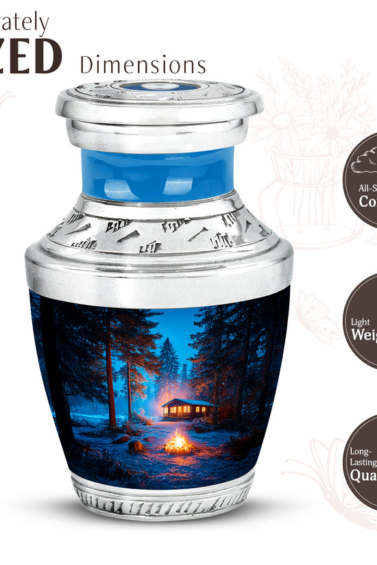 Vivid Blue Campfire Cremation Urn top-down view of secure threaded lid - stylized abstract campfire pattern with bold lines - mini keepsake memorial for portion of cremation ashes