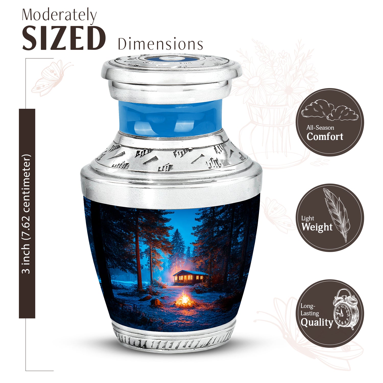 Vivid Blue Campfire Cremation Urn top-down view of secure threaded lid - stylized abstract campfire pattern with bold lines - mini keepsake memorial for portion of cremation ashes
