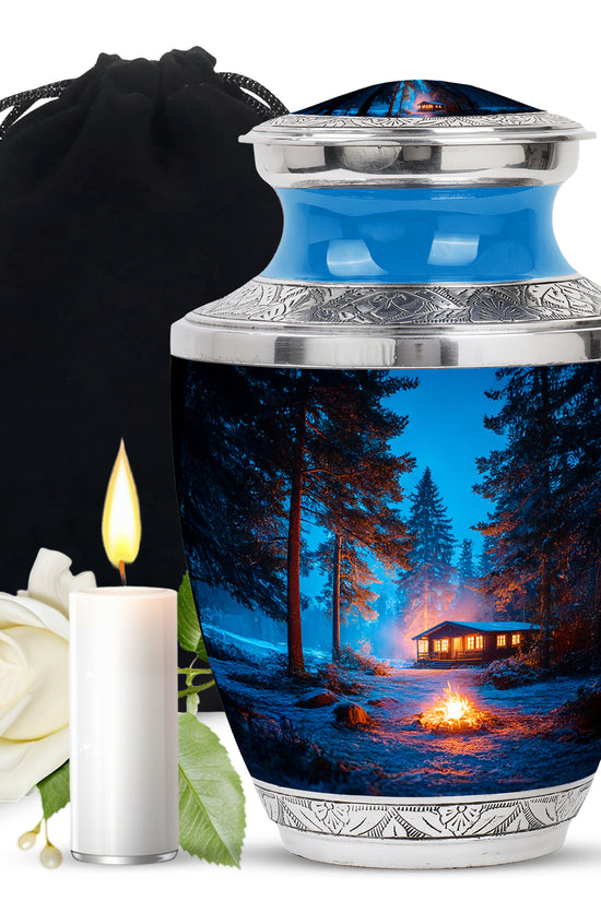 Misty Blue Campfire Cremation Urn side profile showing urn shape - modern art-inspired campfire motif on sleek aluminum - full-size 10 inch 200 cubic inch adult cremation urn