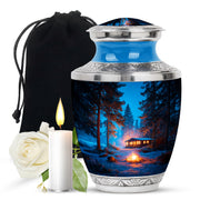 Misty Blue Campfire Cremation Urn side profile showing urn shape - modern art-inspired campfire motif on sleek aluminum - full-size 10 inch 200 cubic inch adult cremation urn