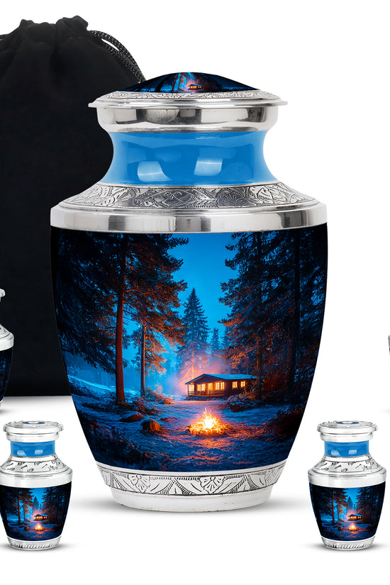 Vivid Blue Campfire Cremation Urn lifestyle display on memorial shelf - artistic campfire interpretation with creative detail - memorial set with one large and four small urns
