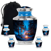 Vivid Blue Campfire Cremation Urn lifestyle display on memorial shelf - artistic campfire interpretation with creative detail - memorial set with one large and four small urns