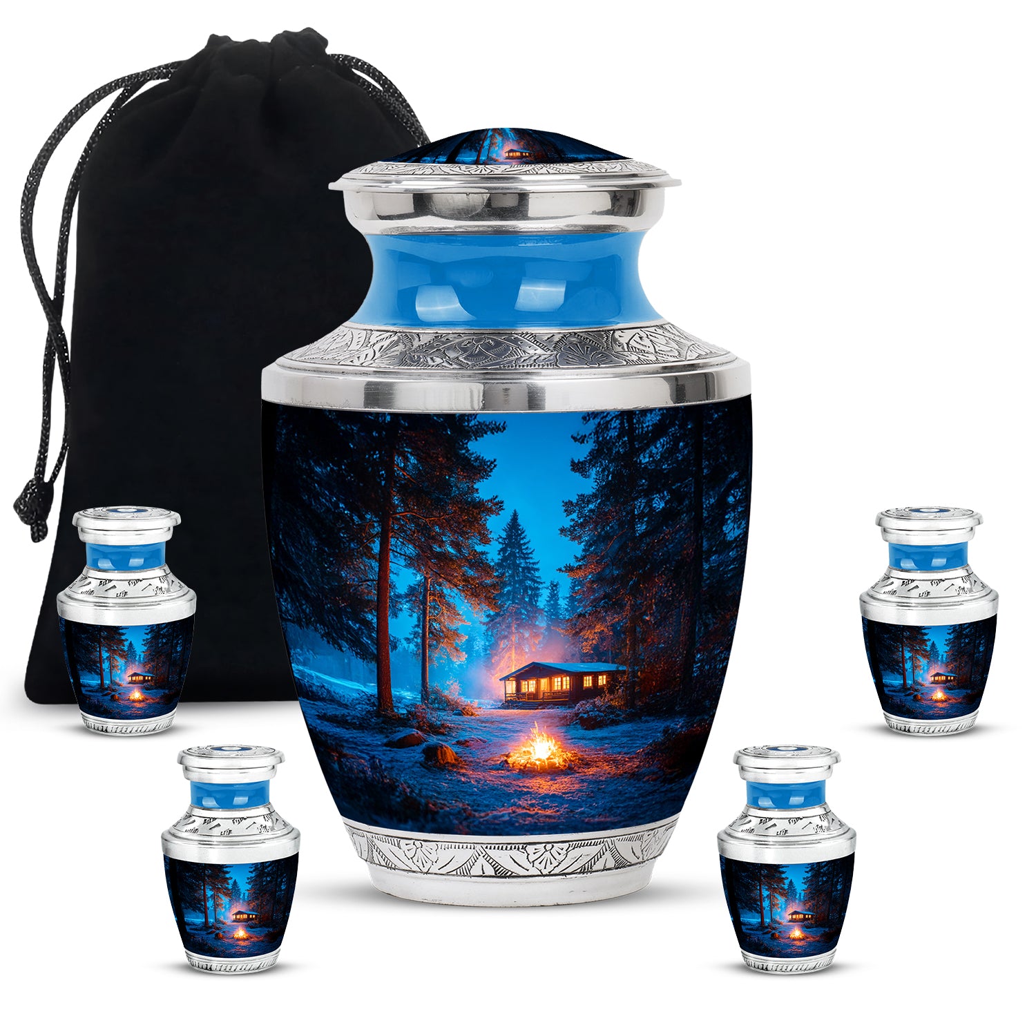 Vivid Blue Campfire Cremation Urn lifestyle display on memorial shelf - artistic campfire interpretation with creative detail - memorial set with one large and four small urns