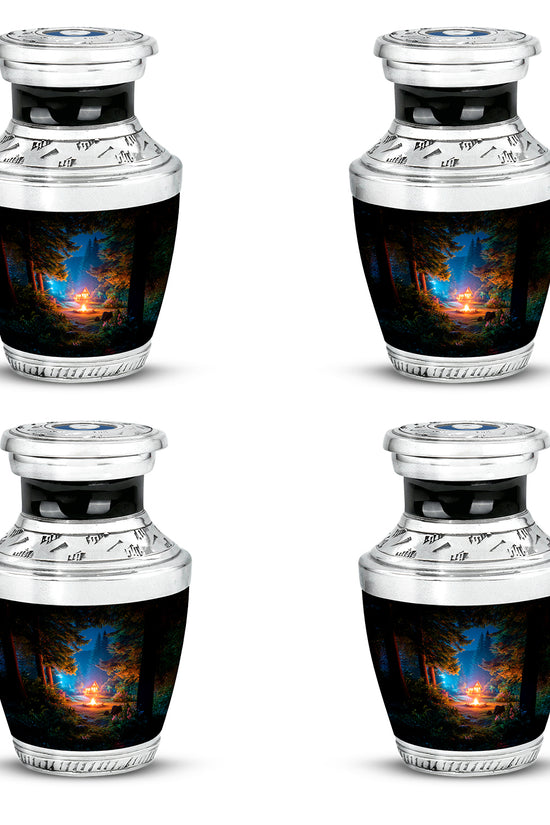 Obsidian Black Campfire Cremation Urn back view with polished surface - stylized abstract campfire pattern with bold lines - 10 inch aluminum urn for cremated remains