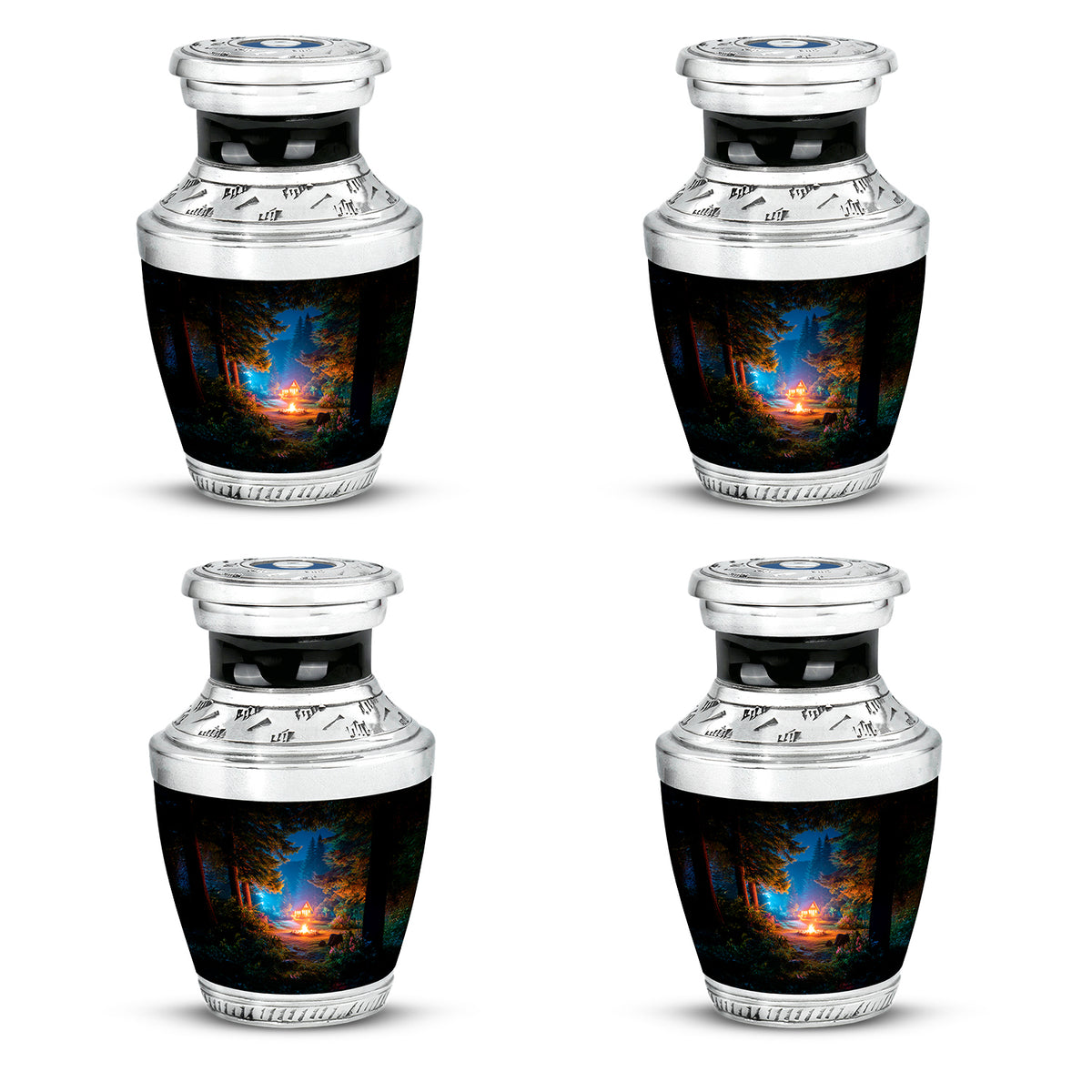 Obsidian Black Campfire Cremation Urn back view with polished surface - stylized abstract campfire pattern with bold lines - 10 inch aluminum urn for cremated remains