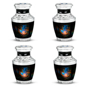 Obsidian Black Campfire Cremation Urn back view with polished surface - stylized abstract campfire pattern with bold lines - 10 inch aluminum urn for cremated remains