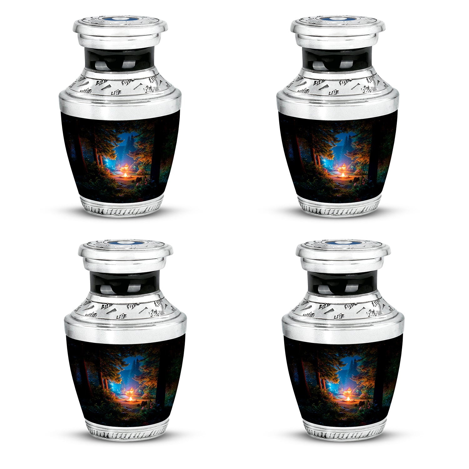 Obsidian Black Campfire Cremation Urn back view with polished surface - stylized abstract campfire pattern with bold lines - 10 inch aluminum urn for cremated remains