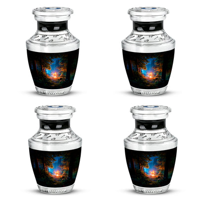 Obsidian Black Campfire Cremation Urn back view with polished surface - stylized abstract campfire pattern with bold lines - 10 inch aluminum urn for cremated remains