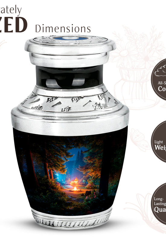 Dark Black Campfire Cremation Urn top-down view of secure threaded lid - stylized abstract campfire pattern with bold lines - mini keepsake memorial for portion of cremation ashes