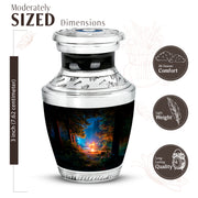 Dark Black Campfire Cremation Urn top-down view of secure threaded lid - stylized abstract campfire pattern with bold lines - mini keepsake memorial for portion of cremation ashes