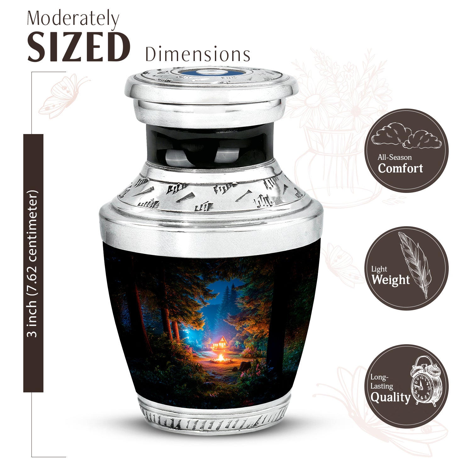 Dark Black Campfire Cremation Urn top-down view of secure threaded lid - stylized abstract campfire pattern with bold lines - mini keepsake memorial for portion of cremation ashes