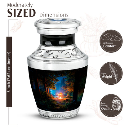 Dark Black Campfire Cremation Urn top-down view of secure threaded lid - stylized abstract campfire pattern with bold lines - mini keepsake memorial for portion of cremation ashes