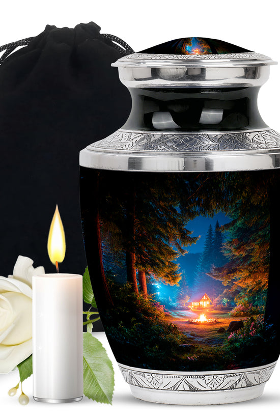 Charcoal Black Campfire Cremation Urn side profile showing urn shape - artistic campfire interpretation with creative detail - full-size 10 inch 200 cubic inch adult cremation urn