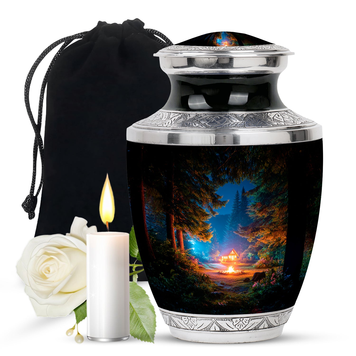 Charcoal Black Campfire Cremation Urn side profile showing urn shape - artistic campfire interpretation with creative detail - full-size 10 inch 200 cubic inch adult cremation urn
