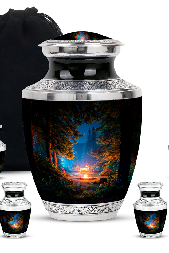 Dark Black Campfire Cremation Urn lifestyle display on memorial shelf - stylized abstract campfire pattern with bold lines - memorial set with one large and four small urns