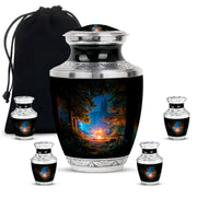Dark Black Campfire Cremation Urn lifestyle display on memorial shelf - stylized abstract campfire pattern with bold lines - memorial set with one large and four small urns