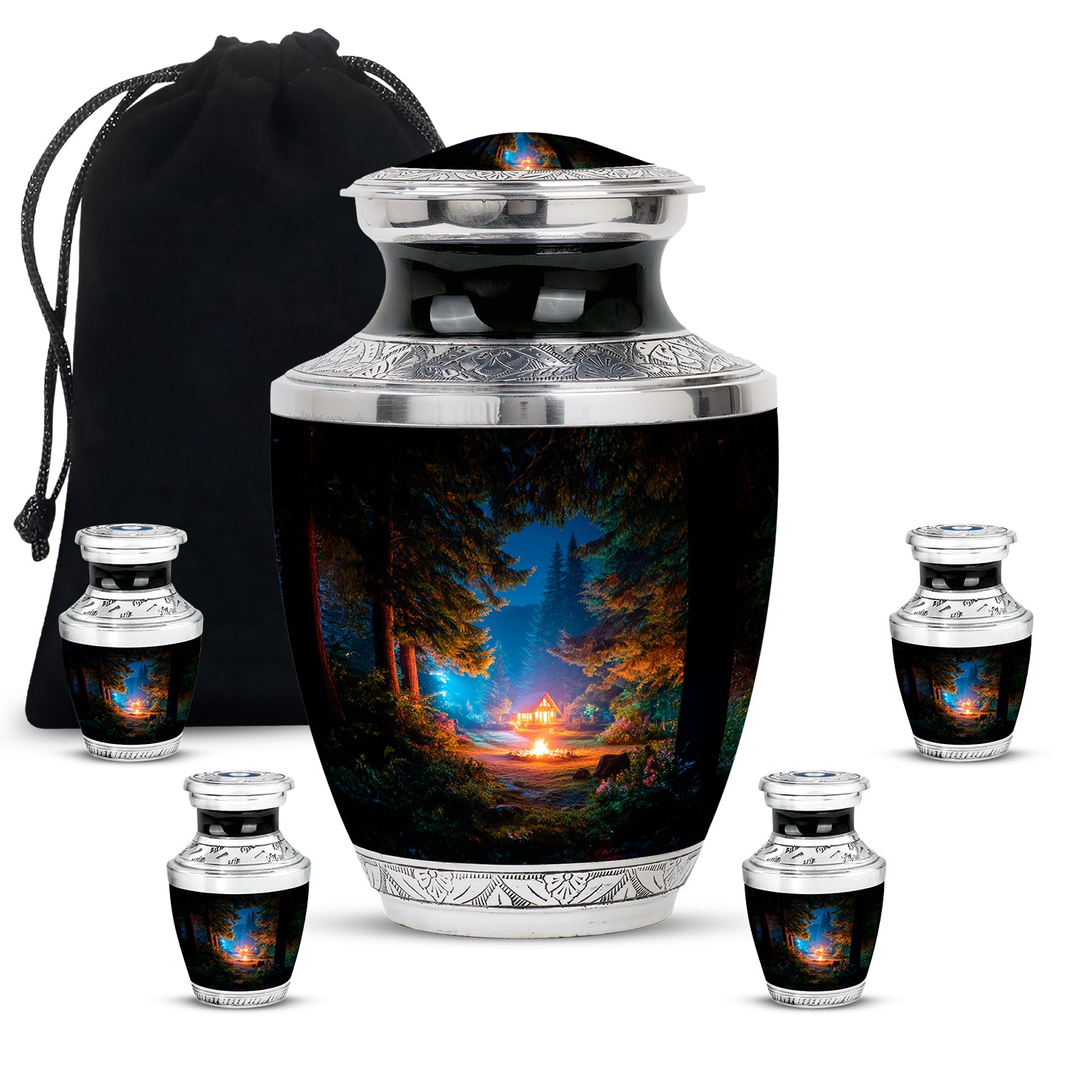 Dark Black Campfire Cremation Urn lifestyle display on memorial shelf - stylized abstract campfire pattern with bold lines - memorial set with one large and four small urns