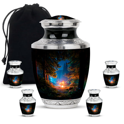 Dark Black Campfire Cremation Urn lifestyle display on memorial shelf - stylized abstract campfire pattern with bold lines - memorial set with one large and four small urns
