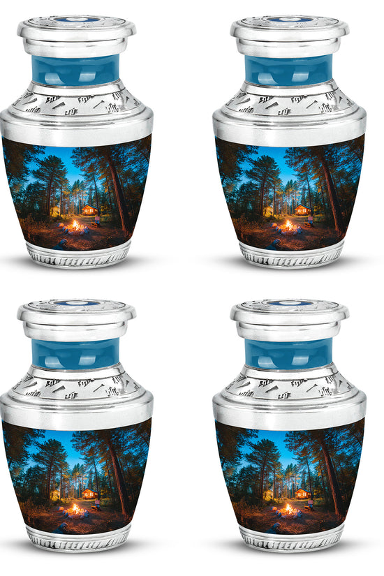 Powder Blue Campfire Cremation Urn back view with polished surface - modern art-inspired campfire motif on sleek aluminum - 10 inch aluminum urn for cremated remains