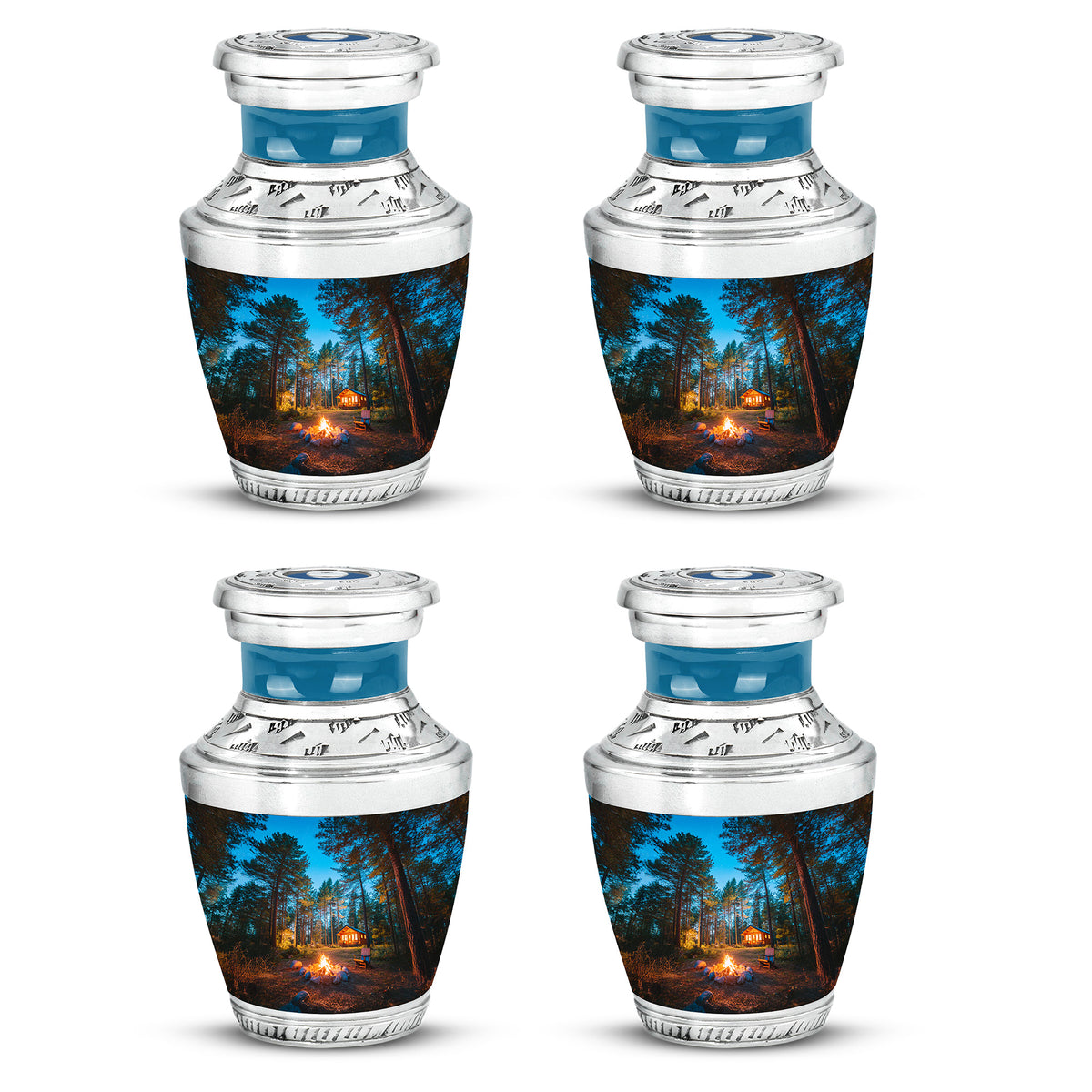 Powder Blue Campfire Cremation Urn back view with polished surface - modern art-inspired campfire motif on sleek aluminum - 10 inch aluminum urn for cremated remains