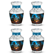 Powder Blue Campfire Cremation Urn back view with polished surface - modern art-inspired campfire motif on sleek aluminum - 10 inch aluminum urn for cremated remains