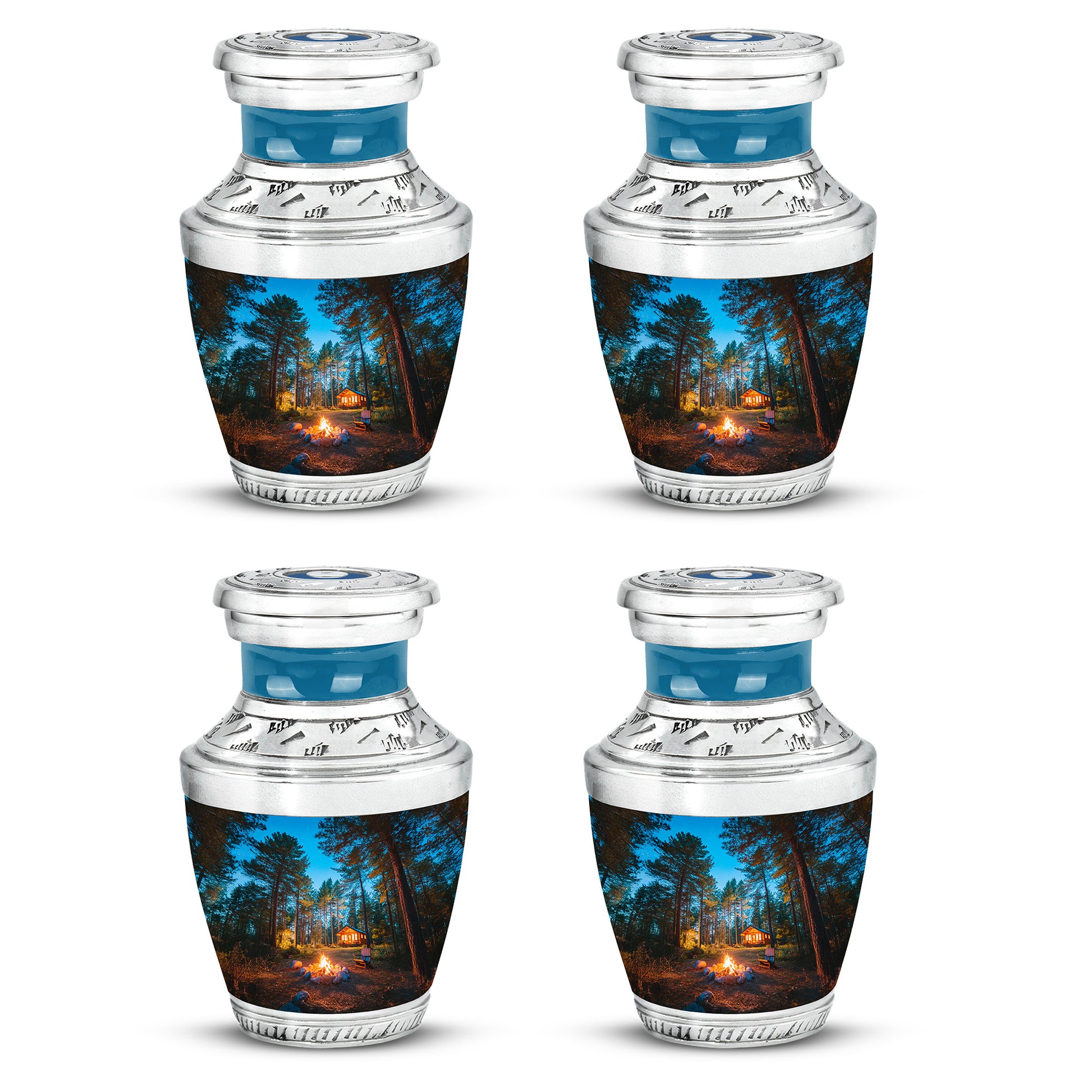 Powder Blue Campfire Cremation Urn back view with polished surface - modern art-inspired campfire motif on sleek aluminum - 10 inch aluminum urn for cremated remains