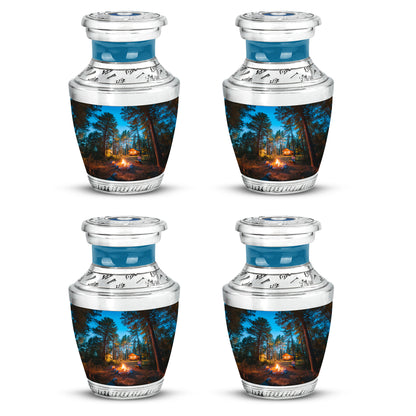 Powder Blue Campfire Cremation Urn back view with polished surface - modern art-inspired campfire motif on sleek aluminum - 10 inch aluminum urn for cremated remains