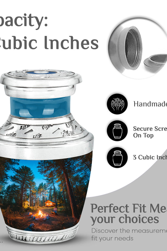 Sky Blue Campfire Cremation Urn top-down view of secure threaded lid - contemporary campfire design with modern artistic flair - mini keepsake memorial for portion of cremation ashes