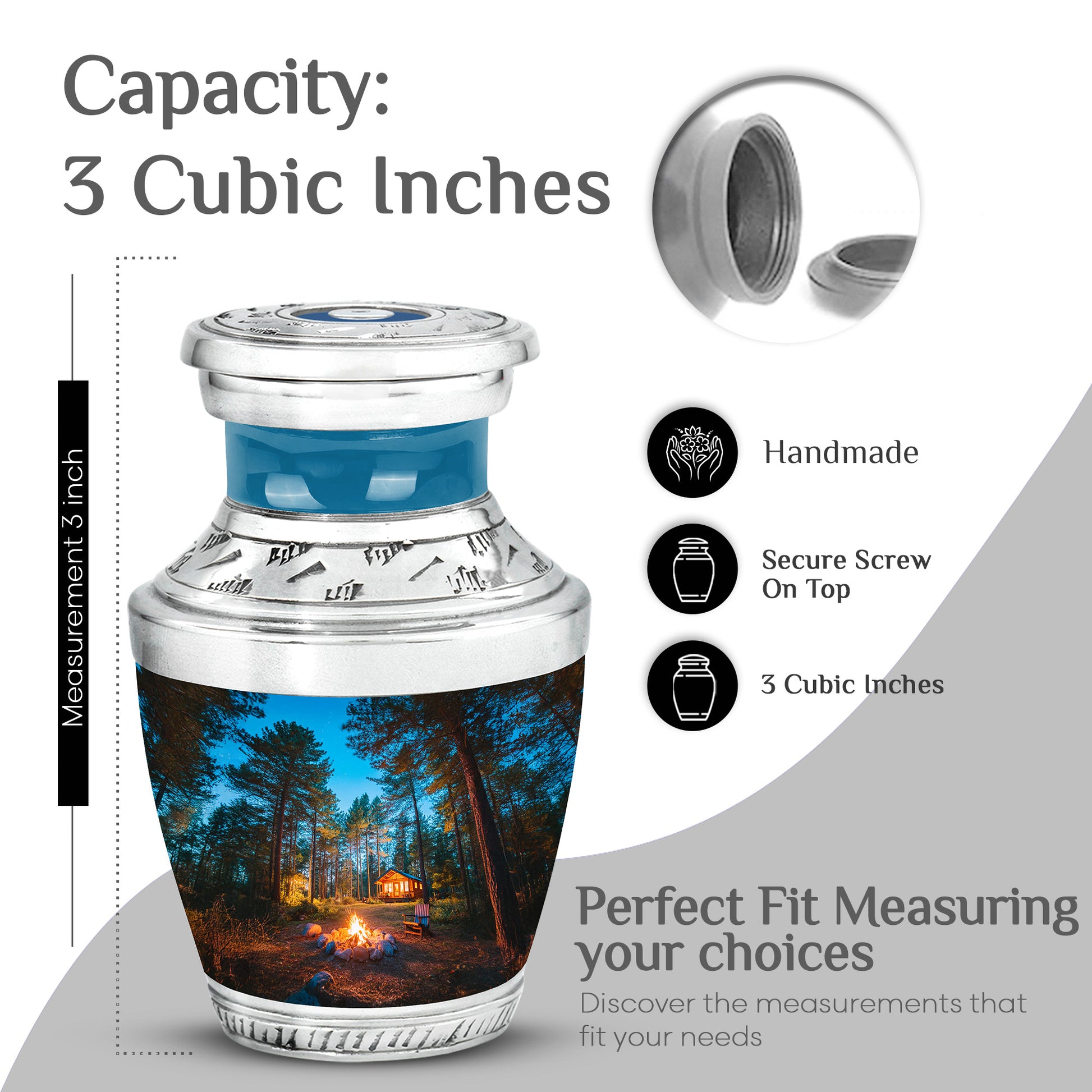 Sky Blue Campfire Cremation Urn top-down view of secure threaded lid - contemporary campfire design with modern artistic flair - mini keepsake memorial for portion of cremation ashes