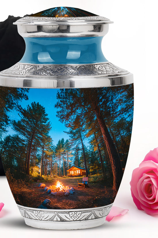 Bright Blue Campfire Cremation Urn side profile showing urn shape - stylized abstract campfire pattern with bold lines - full-size 10 inch 200 cubic inch adult cremation urn