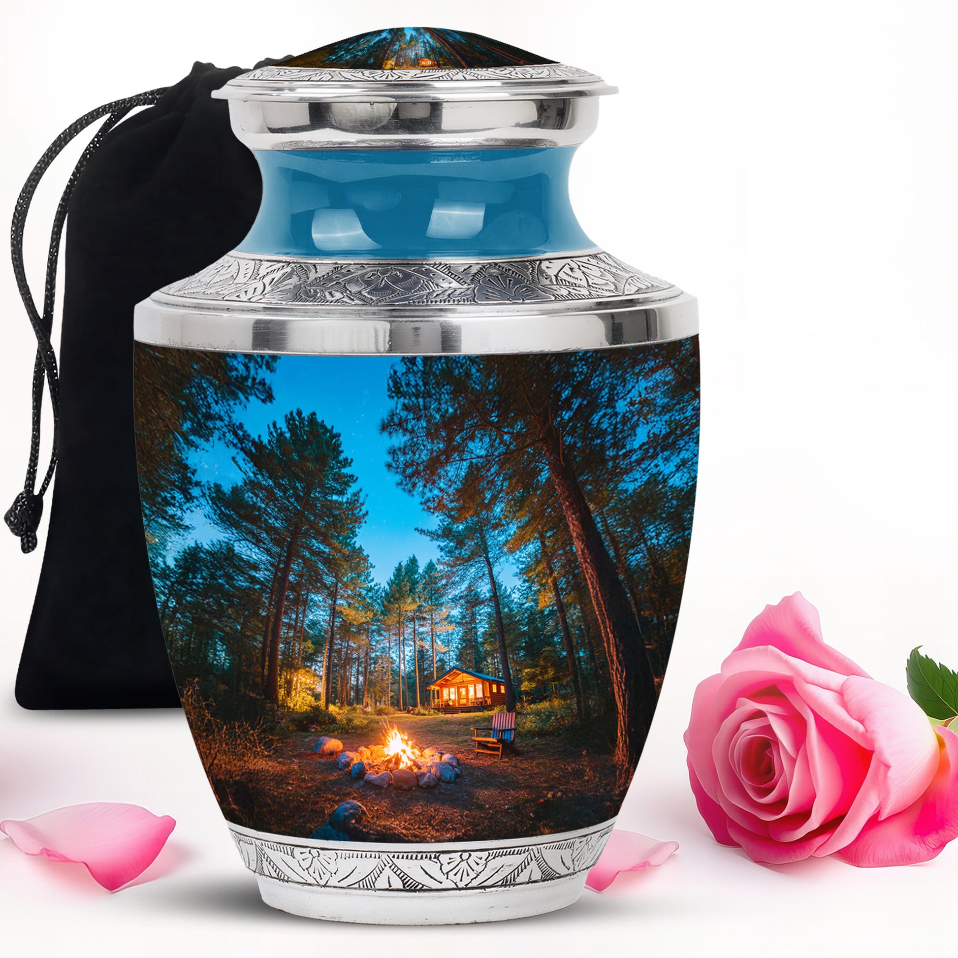 Bright Blue Campfire Cremation Urn side profile showing urn shape - stylized abstract campfire pattern with bold lines - full-size 10 inch 200 cubic inch adult cremation urn