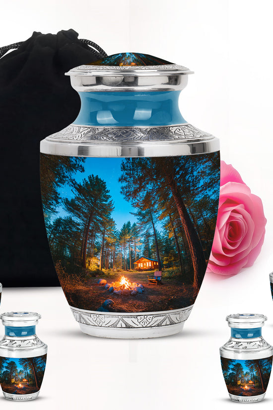 Steel Blue Campfire Cremation Urn lifestyle display on memorial shelf - stylized abstract campfire pattern with bold lines - memorial set with one large and four small urns