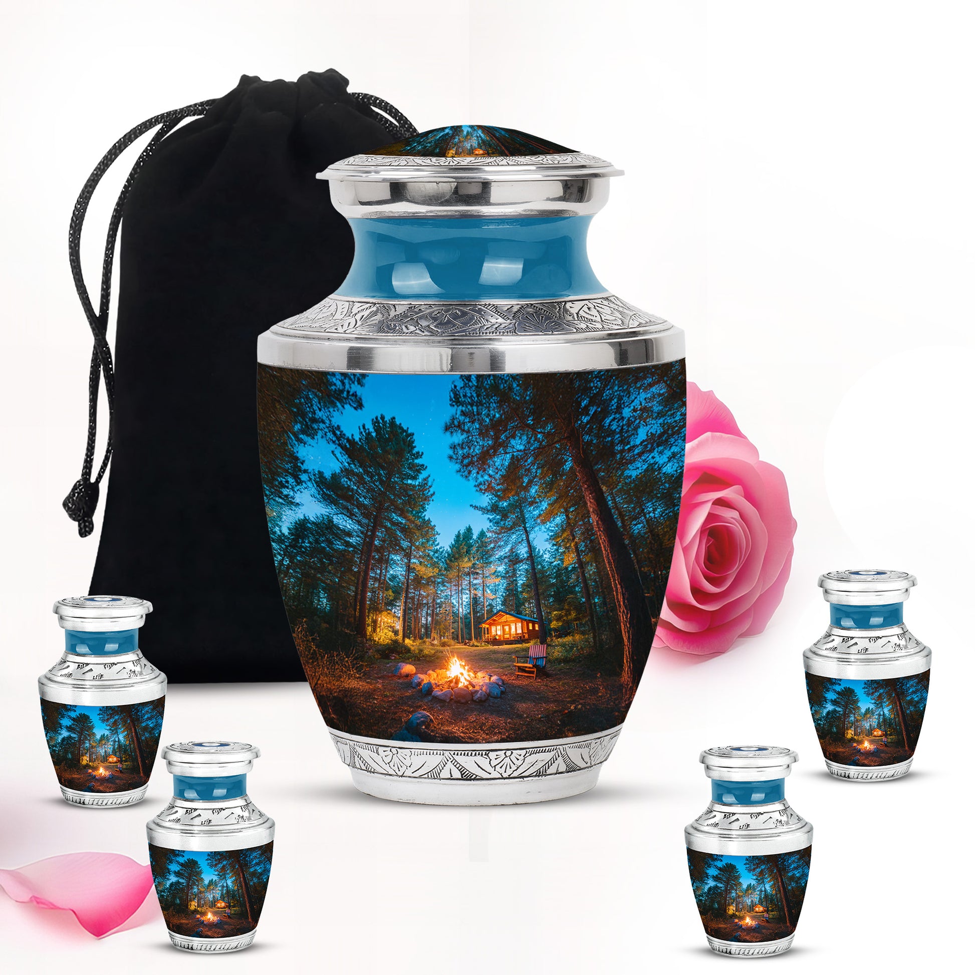 Steel Blue Campfire Cremation Urn lifestyle display on memorial shelf - stylized abstract campfire pattern with bold lines - memorial set with one large and four small urns