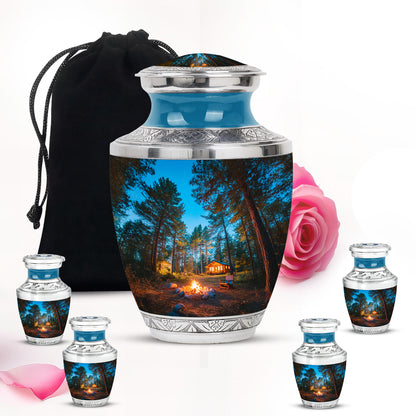 Steel Blue Campfire Cremation Urn lifestyle display on memorial shelf - stylized abstract campfire pattern with bold lines - memorial set with one large and four small urns