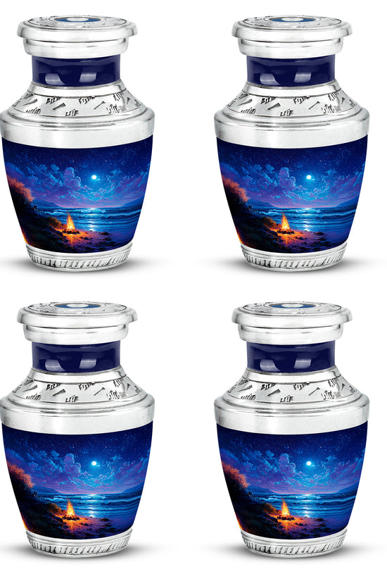 Steel Blue Campfire Cremation Urn back view with polished surface - stylized abstract campfire pattern with bold lines - 10 inch aluminum urn for cremated remains