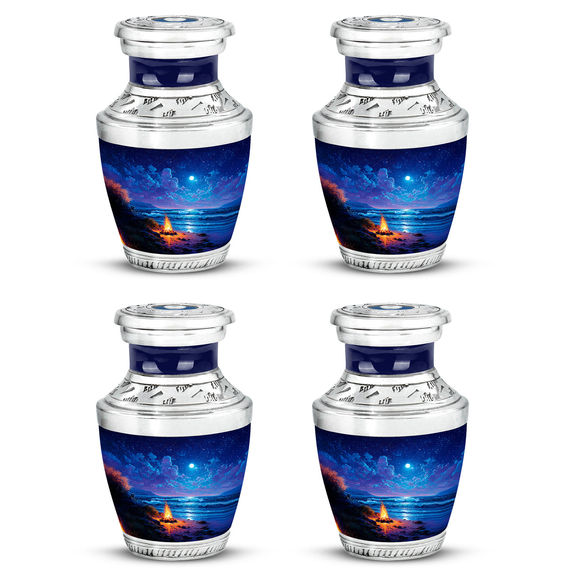 Steel Blue Campfire Cremation Urn back view with polished surface - stylized abstract campfire pattern with bold lines - 10 inch aluminum urn for cremated remains