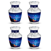 Steel Blue Campfire Cremation Urn back view with polished surface - stylized abstract campfire pattern with bold lines - 10 inch aluminum urn for cremated remains
